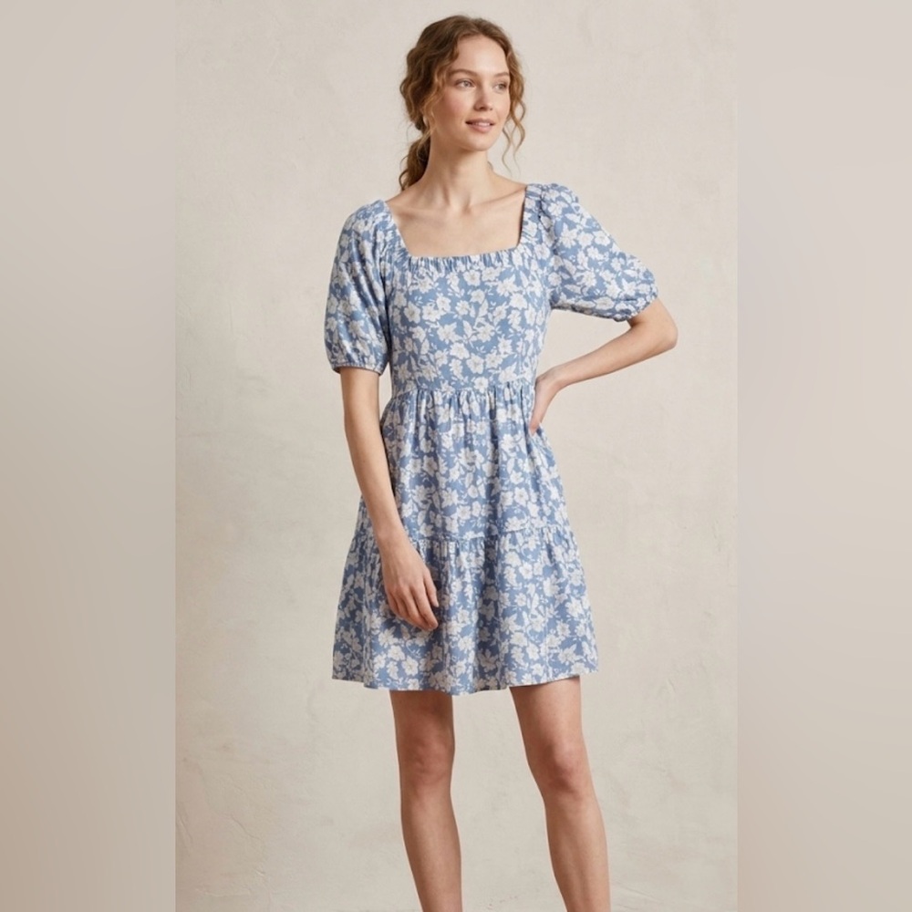 NWOT Naïf Blue White Floral Puff Sleeve Babydoll Mini Dress Square Neck M